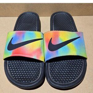 NIKE BENASSI JDI MEN'S BLACK AND RAINBOW TIE-DYE SLIDE SANDALS SIZE 10